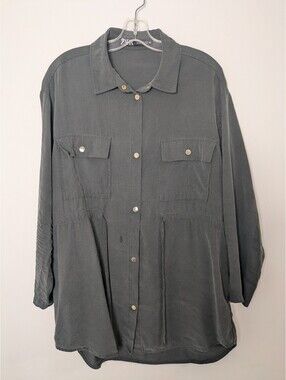 Zara Charcoal Gray Utility Button Up Shirt – Size XL Long Sleeve Cargo Tunic